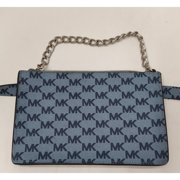Michael Kors Blue Denim MK Logo Silver Chain Pull Women's Waist Pack Bell Bag - Picture 2 of 16